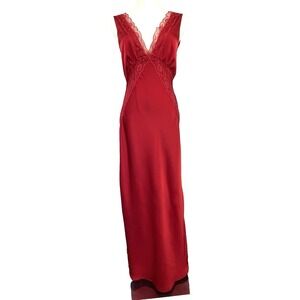 Retro‎ Glam Womens Satin Lace V-Neck Maxi Slip Dress M Red Old Hollywood Event